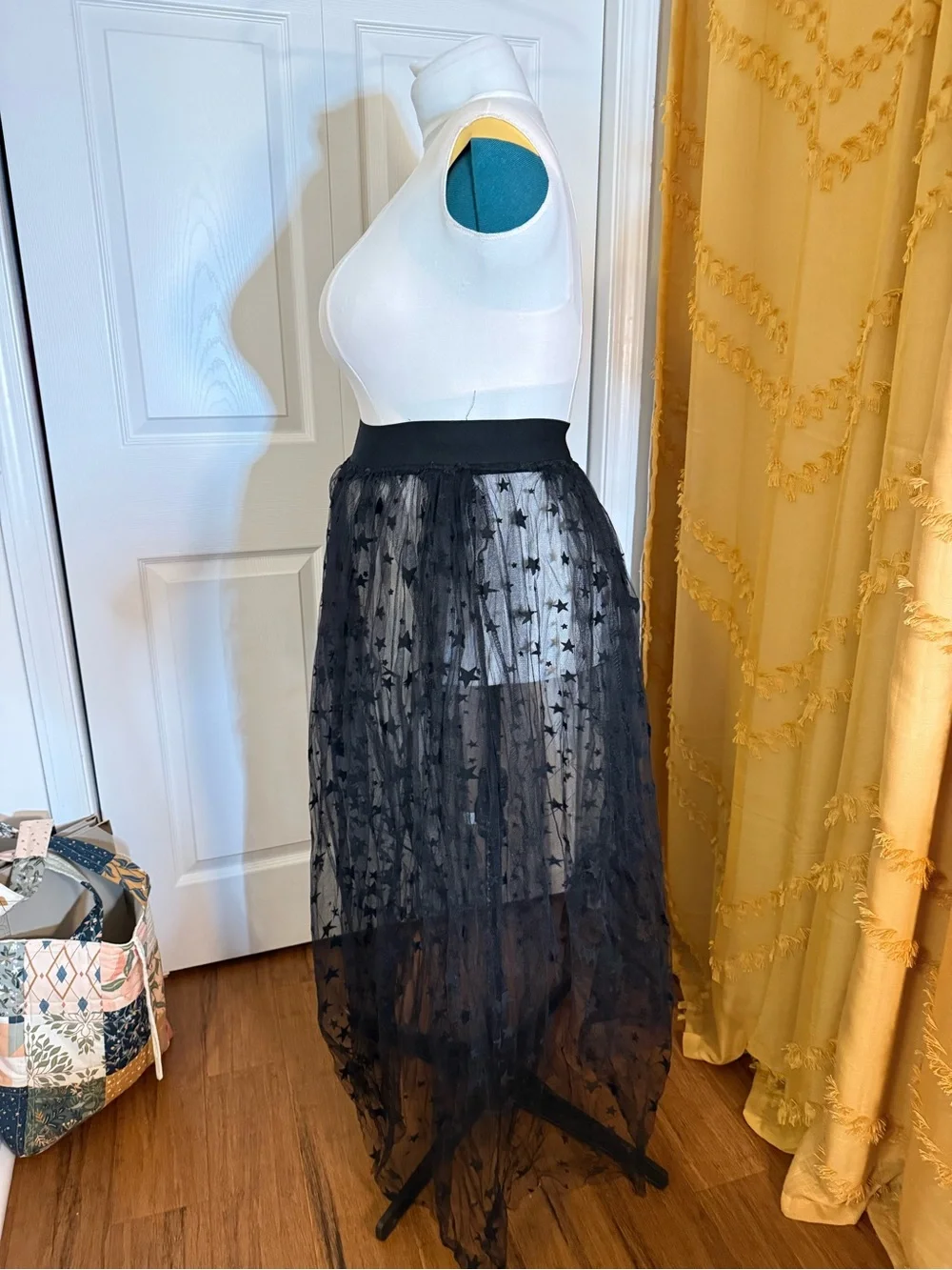 Black Star-Embellished Sheer Tulle Maxi Skirt